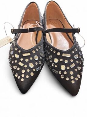 a new day Black Pointed Mary Jane Flats with Crystal Studs